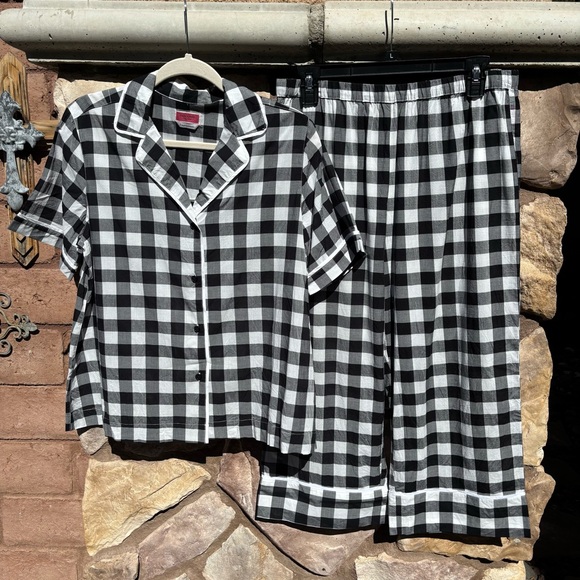 Kate Spade Pajamas Set Large Black White Check Print Short Sleeve Lightweight - Picture 1 of 8